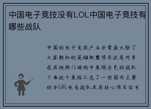 中国电子竞技没有LOL中国电子竞技有哪些战队